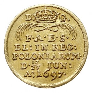 dukat koronacyjny 1697, Drezno, Aw: Król na koniu, Rw: ...