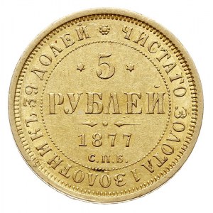 5 rubli 1877 СПБ НI, Petersburg, złoto 6.55 g, Bitkin 2...