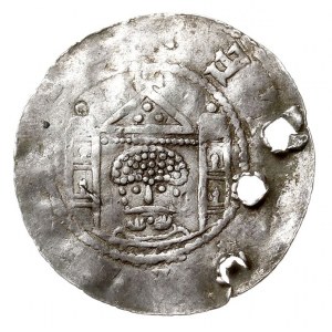 denar 1046-1056, Aw: Popiersie na wprost, Rw: Dwuwieżow...