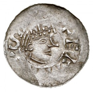 denar 1009-1014, Aw: Głowa w koronie w prawo, Rw: Dłoń ...
