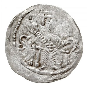 Denar, 1157-1173, Aw: Książę siedzący na tronie na wpro...
