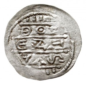 Denar, 1157-1173, Aw: Książę siedzący na tronie na wpro...