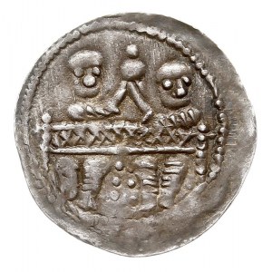 Denar, 1146-1157, Aw: Dwaj książęta siedzący za stołem ...