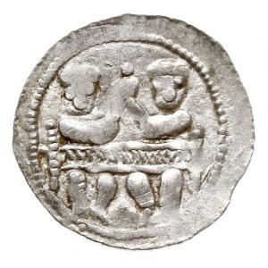 Denar, 1146-1157, Aw: Dwaj książęta siedzący za stołem ...