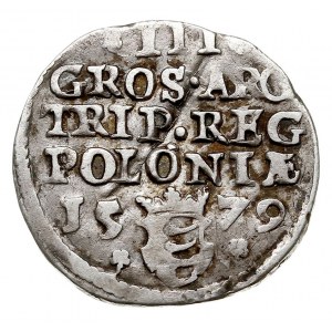 trojak 1579, Olkusz, Aw: mała głowa króla i napis STEPH...