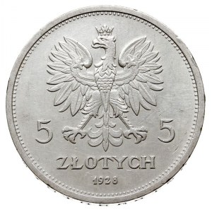 5 złotych 1928, Warszawa, Nike, odmiennie usytuowany zn...
