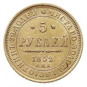 5 rubli 1852 СПБ АГ, Petersburg, złoto 6.53 g, Bitkin 3...