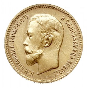 5 rubli 1909 ЭБ, Petersburg, złoto 4.29 g, Bitkin 34 (R...