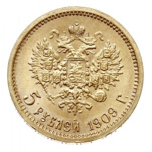5 rubli 1909 ЭБ, Petersburg, złoto 4.29 g, Bitkin 34 (R...