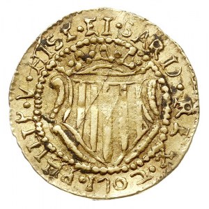 escudo 1702, Cagliari, złoto 3.19 g, Fr. 145, Varesi 93...