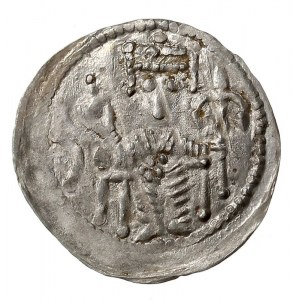 denar, 1157-1173, Aw: Cesarz siedzący na tronie na wpro...
