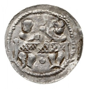 denar, 1146-1157, Aw: Dwaj książęta siedzący za stołem ...