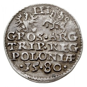 trojak 1580, Olkusz, Aw: małe popiersie króla w wewnętr...