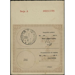 Ministerstwo Skarbu, asygnata na 100 złotych (1939), se...