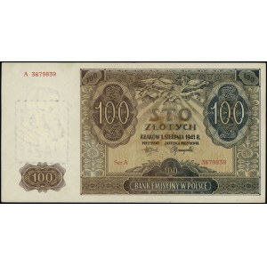 100 złotych 1.08.1941, seria A, numeracja 3679839, z na...