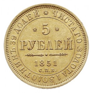5 rubli 1851 СПБ АГ, Petersburg, złoto 6.54 g, Bitkin 3...