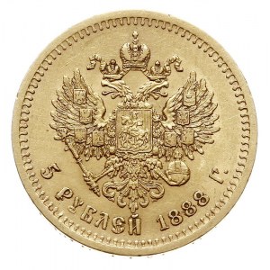 5 rubli 1888 АГ, Petersburg, złoto 6.44 g, Bitkin 27, K...