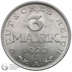 1154. Weimar 3 marki 1922-A, st.1 PIĘKNE