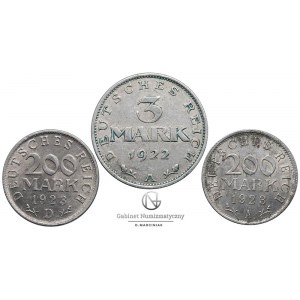 1153. Weimar 3 mk 1922-A i 200 mk 1923-A, D (3szt)
