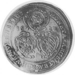 Talar 1627, Aw. Trzy tarcze jedna nad drugą, Rw. Orzeł austriacki i tytulatura Ferdynanda II, Dav. 5036