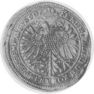Talar 1627, Aw. Trzy tarcze jedna nad drugą, Rw. Orzeł austriacki i tytulatura Ferdynanda II, Dav. 5036