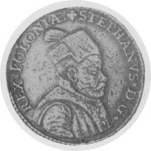 Medal (talarowy) 1582, Bity z okazji zajęcia Inflant i Płocka. Aw. Popiersie króla w lewo w szubie i czapce z kit...