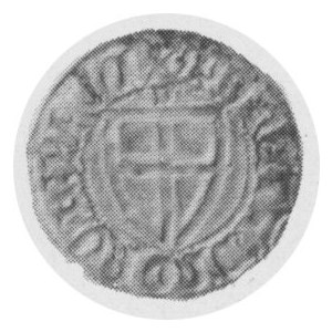 Szeląg b.d., Aw. Tarcza wielkiego mistrza, Rw. Tarcza zakonna, Malb. 387 (litera D na Aw. w napisie * PRVCI)