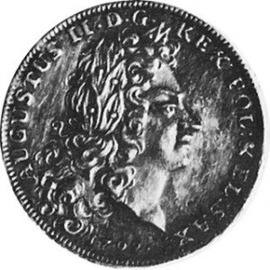 Dukat w srebrze 1702 (Order Słonia), Aw. Popiersie Augusta II, Rw. Order Słonia, Czap. 2621 ale w złocie
