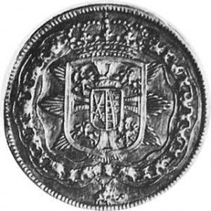 Dukat w srebrze 1702 (Order Słonia), Aw. Popiersie Augusta II, Rw. Order Słonia, Czap. 2621 ale w złocie
