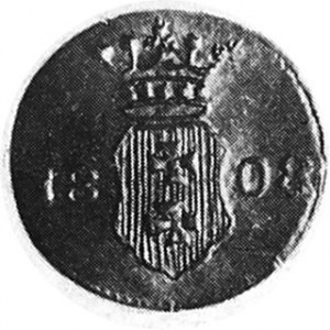 Szeląg 1808, Aw. Tarcza miejska, Rw. Napisy, Kop. 23.1 a r miedz.