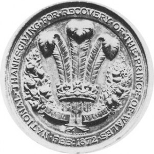 Medal brązowy 1872, sgn.J.S & AB WYON dla upamiętnienia wyzdrowienia księcia Walii Alberta, Aw.Głowa księcia w ...