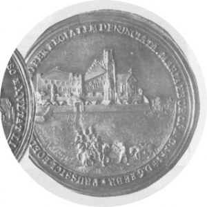 Medal 1754, Z okazji 300-nej rocznicy powrotu Prus Książęcych do Polski, Przed zamkiem w Malborku posłaniec podaje ...