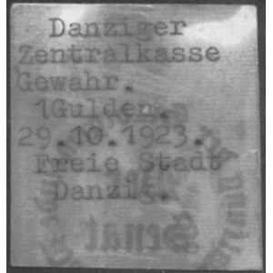 1 Gulden 29.10.1923, napis maszynowy : Danziger / Zentralkasse / Gewahr. / 1 Gulden. / 29.10.1923. / Freie Stadt / ...