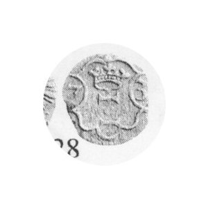 Denar gdański 1573, CNG lOla, Kop. 7384 R6, końcówka blachy i małe wykruszenie