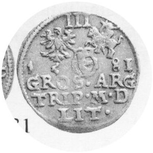 Trojak lit. 1581, jak Kop. 3365 R, lecz cyfry 81 nie rozdzielone: 1-5-81 zamiast: 1-5-8-1