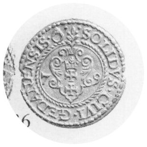Szeląg gdański 1579, Kop. 7426 R, Kurp. 373 R, minimalnie wyszczerbiony