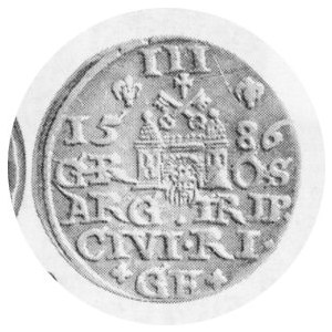 Trojak ryski. 1586, mała głowa, Kop.8097, nieznaczne grafiti na obu stronach