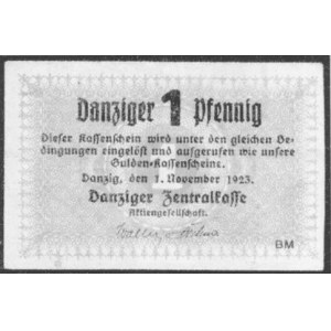 1 Fenig Gdański - 1.11.1923, Par. 124b, Ros. 742, lecz znak wodny „kogido góry nogami,300.00