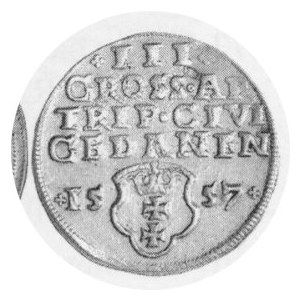Trojak 1557, Kop.7368 R3, Kurp.958 R2, na awersie dwukrotnie odbity znaczek własnościowy Xawerego Segny (1786-1848)...