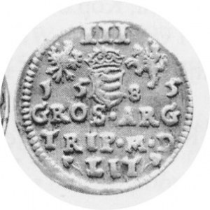 Trojak 1585, bez herbu podskarbiego, Kop.3374 Rl, Kurp.312 R, szersze stemple i większa średnica monety, odmienne p...