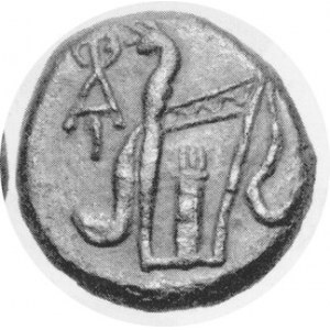 AE-Obol, głowa Dionizosa / kołczan i monogram O Al, waga 18,53 g , brunatna patyna, piękny i okazały brąz