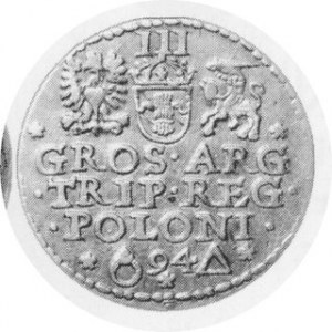 Trojak koronny 1594, pierścień i trójkąt, mennica Malbork, Kop. 985, Kurp.778 Rl