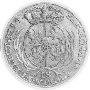 Ort koronny 1754 EC, wąskie popiersie, wąska owalna tarcza herbowa, Kop. 2111 (odm.), ładny egzemplarz, rzadszy wariant