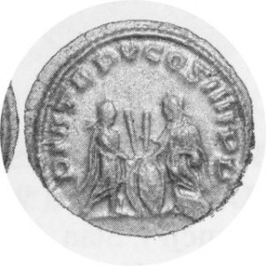 Antoninian 257 ne, na rewersie stojący Walerian i Gallien, C.169