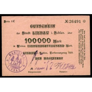100.000 Marek - 1923, „Wer half...”, pieczęć magistratu „LIEBAU”, dwa warianty: cyfry nominału wąskie i szerokie, r...