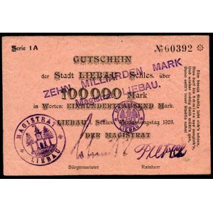 10 Miliardów Marek / 100.000 Marek - 1923, „Eim Meyer 7, dwa warianty: cyfry nominału szerokie z pieczęcią „LIEBAU”...