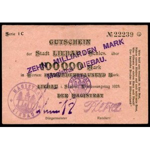 10 Miliardów Marek / 100.000 Marek - 1923, „Wer half...”, pieczęć magistratu „LIEBAU”, cyfry nominału wąskie oraz s...