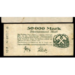 50.000 Marek - 20.07.1923, 5 Milionów Marek - 28.08.1923, Meyer 6, 14, drugi banknot lekko zaplamiony, razem 2 sztuki