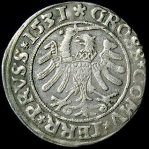 Grosz ziem pruskich 1531, Kop.3086, Kurp.299 R, ładna patyna, częściowo połysk w tle