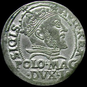 Grosz na stopę polską 1547, Kop.3281 R1, w napisie DVC Kurp.762 R, częściowo zachowane srebrzenie w tle, ładnie zac...